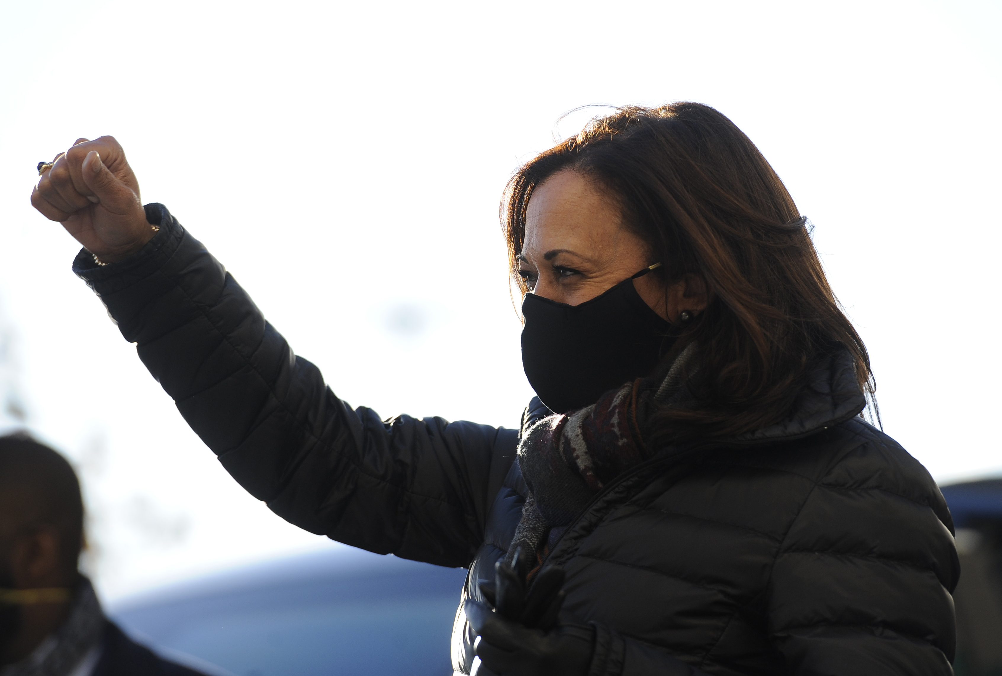 Democratic vice presidential candidate Sen. Kamala Harris, D-Calif., makes a stop and greets voters during a get out the vote drive-in rally, Monday, Nov. 2, 2020, in Philadelphia. (AP Photo/Michael Perez)